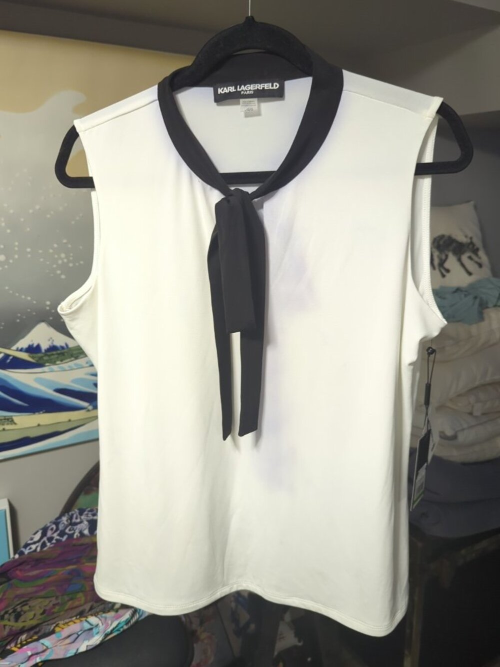 KARL LAGERFELD PARIS Women’s Suit Blouse Shirt Tank Top WHITE/BLACK  Size Large